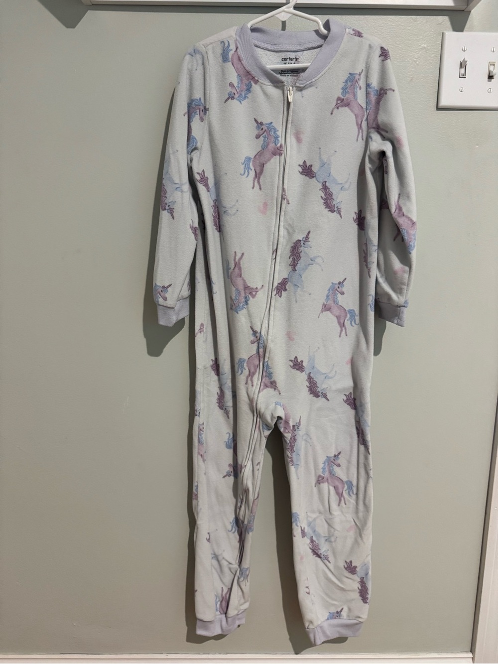 Size 7 Carter's Fleece Cream One-Piece Pajama with Purple and Blue Unicorns